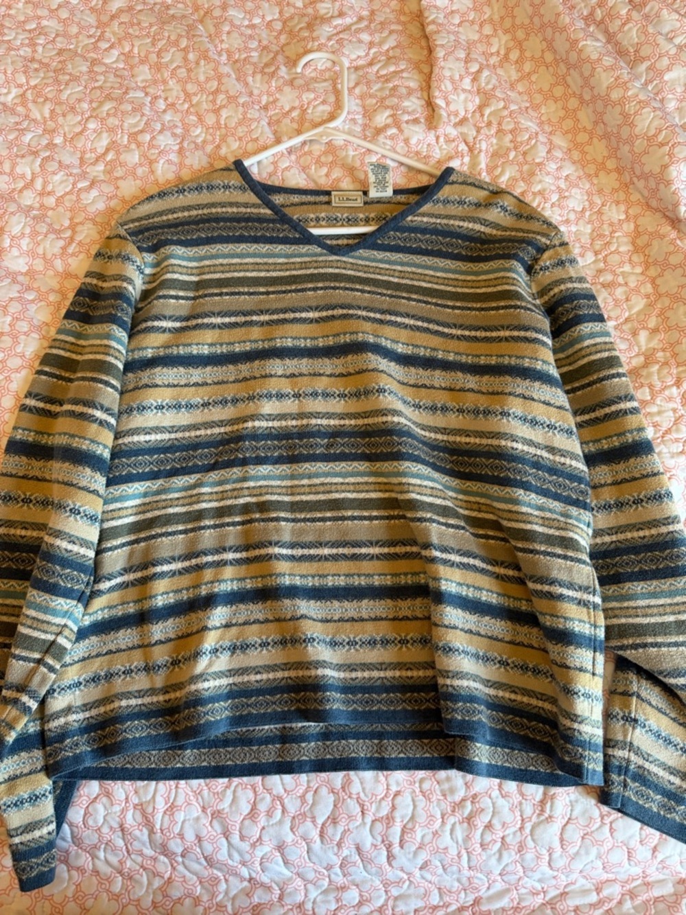 L.L. Bean Women's V-Neck Striped Sweater in Navy and Tan
